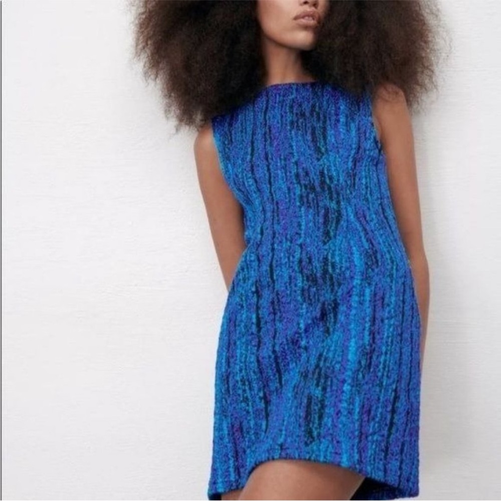Zara Retro Blue and Black Textured Mod 60s Vintage Mini Dress Size Medium